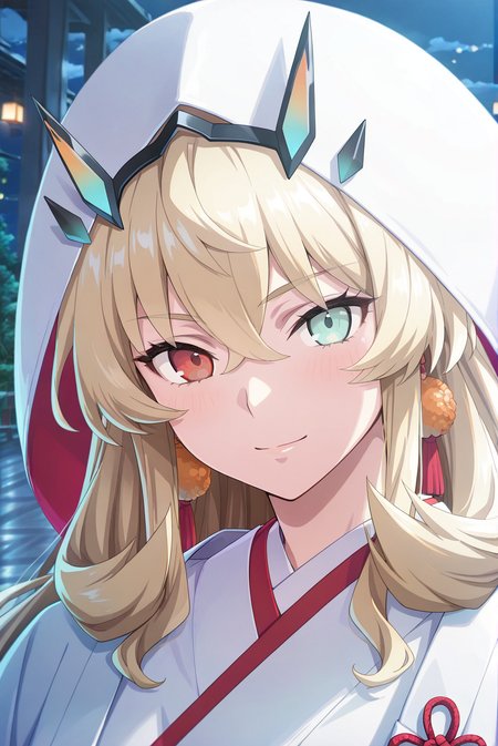 barghest \(fate\),(cinematic_angle:1.2),looking_at_viewer,depth of field,(fgo spring2025 newmaster promostyle),<lora:FGO Spring2025:0.8>,blurry,night,(uchikake:1.2),light smile,close-up,gohei,indoor,, masterpiece,best quality,amazing quality,
