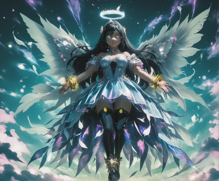 1girl, full body, Ayase Aragaki, long hair, black hair, aqua eyes, bangs, bare shoulders, freckles, tall, large breasts, Dynamic Details, (holographic clothes: glowing vibrant dress, thighhigh boots, golden wrist bangles, skindentation, fashionable, premium, angelic, elegant), faetastic 1girl, cute round face, slender, ultra detailed eyes, ultra detailed hair, ultra beautiful, doll, tpelovedoll, ultrainstinctaura, pure aura, glowing eyes, hands enshrouded with energy, floating, arms extended, dynamic pose, super perspective, from afar, fantasy, flying, torrent winds, (f347h3r angel wings), glowing halo, glowing light particles, trail of aura, glowing feathers, pink clouds, magenta sun, light rays, bokeh, majestic weather, Sky high, purple skies, blue earth below, <lora:Oreimo-Ayase_Aragaki-PDXL:0.75> <lora:superpers:1> <lora:GL0W_SD_1.5__Brightness:1> <lora:BetterFashion_Casual:0.87> <lora:holographic_v0.2-pony:0.85> <lora:hyperdetailer_v095_SD1-5_JuJoHotaru:2> <lora:Varos_-_Feathers_Style_:0.68> <lora:UltraInstinctAura_PXL_Leaf2:0.55> <lora:SDXLFaeTastic2400:0.85> <lora:Koikatsu_PDXL:0.8>, <lora:tpelovedoll-v1.0:0.7> (Embedding:HD32K_NEON),