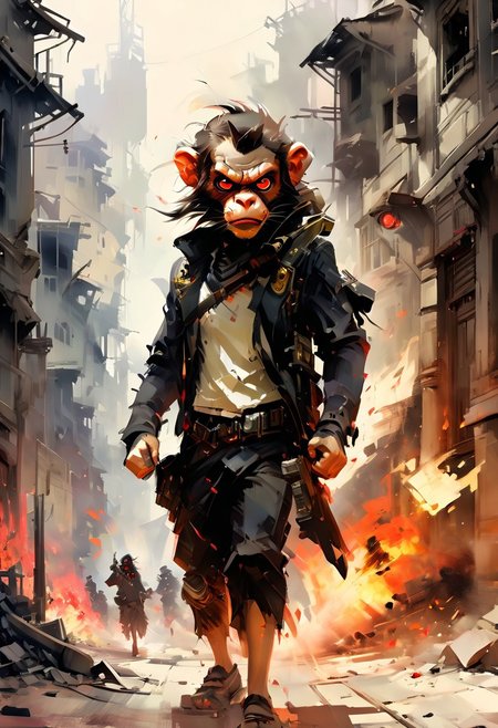 Style Toxipunk, Revolver Monkey, Gunatyou will Close-Up, Angry Face, Red Glowing Eyes, Scream, Trigger Finger, Zbrush Central Winner, Toxic Scene Background, Minimum, Dynamic, Harsh, Light and Shadow, Pure, Linen Perspective, Subliminal, I Was Caught Off Guard and Took a Quick Look, Echo of Motion Left Multiple Traces, Echo of Movement, Masterpiece, Best Quality, Best Details, Optimal Resolution,   Practical, Depth of Field, Oil & Watercolor