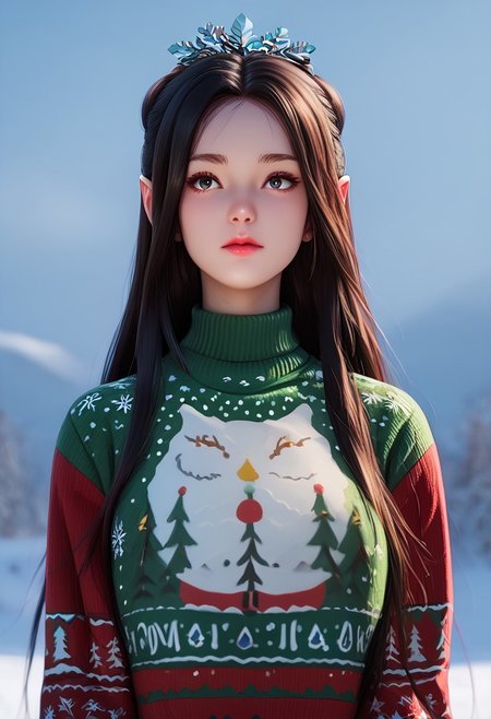score_9, score_8_up, score_7_up, score_6_up, score_5_up, score_4_up, masterpiece, ultra-detailed, high resolution,
christmas_sweater,chuxue, Demon，
1girl, portrait, a pure and beautiful elf, long hair flowing, wearing a green Christmas sweater, blue scarf, with snow gently falling from the sky, looking charming and innocent.