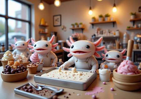 top down tilt shift image of tiny cute anthropomorphized axolotls with pink frilly gills and round black eyes,  axolotl ice cream maker, in a rolled ice cream shop, preparing rolled ice cream, wearing a protective apron, fun and interactive environment<lora:Axomodel_Flux_V2.safetensors:1.0:1.0> <lora:isometric.safetensors:1:1>