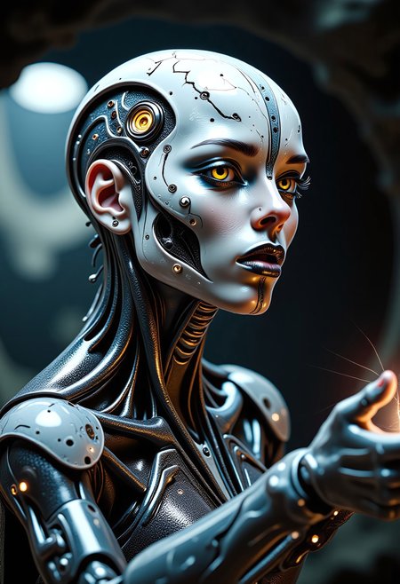 imagine extreme close-up, cybernetic mythpunk woman, with liquid marble white skin with gray veins, detailed yellowish-orange mechanical eyes, subtle neon implants. Partially concealed expression, hinting at ancient secrets. Single abstract light source, rim lighting through mist, soft ethereal glow. Wearing a carbon fiber mechanical exosuit with intricate glowing runes. Casting a spell, opening a portal within an alien cave – a futuristic mad scientist's lab. Profound mystery, quiet intensity.