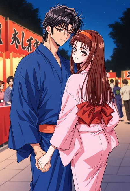 masterpiece, best quality, newest, highres, uncensored, 1girl, yokota mamoru style,1girl,
Matsudaira Youko,girl,brown hair,long hair,1990s (style),hairband，amber eyes
japanese clothes, kimono, 1boy, brown hair, 1girl, hetero, festival, holding hands, couple, yukata, black hair, obi, brown eyes, outdoors, sash, from behind