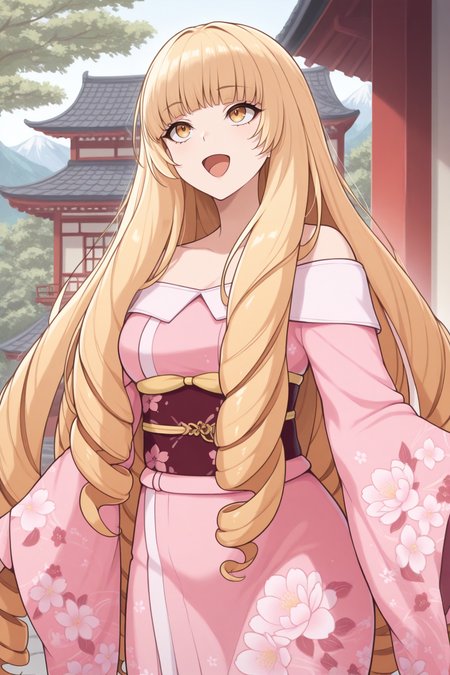 masterpiece, best quality, 1girl, solo, <lora:roseoriana-illu-nvwls-v1-000006:1> sdoriana, blonde hair, very long hair, drill hair, blunt bangs, yellow eyes, brown eyes, pink kimono, floral print, sash, off-shoulder kimono, happy, open mouth, looking up, looking to the side, mountains, east asian architecture, trees