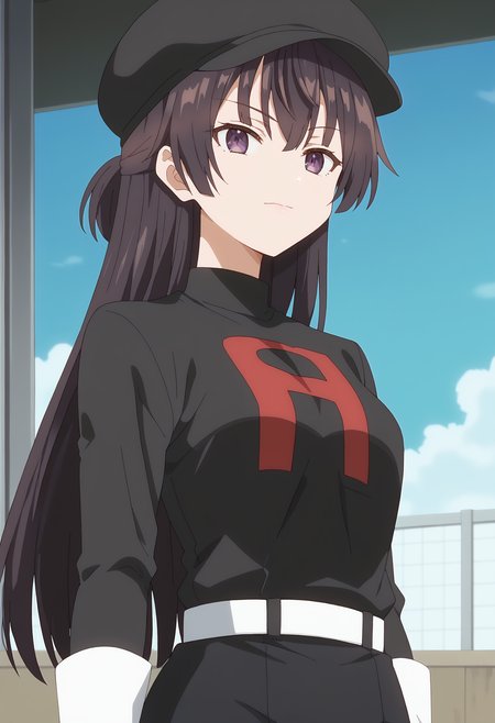 score 7 up, solo, source anime, 1girl, , <lora:yuki.pony:1> yuki, , <lora:team-rocket-uniform-ponyxl-lora-nochekaiser:1> team rocket uniform, black hat, black shirt, black skirt, white belt, white gloves, single letter,,