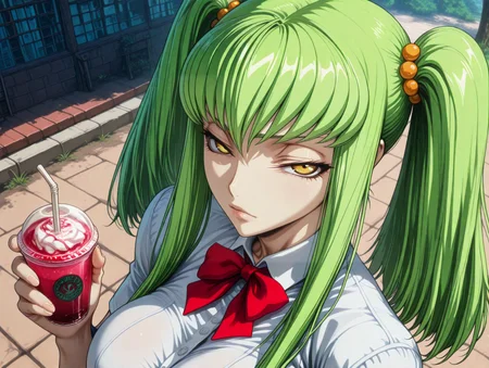 masterpiece,best quality,amazing quality,ultra detailed,
1girl,
 <lora:My_Muscle_Style_1:0.3>,muscular female, fit, skinny,
<lora:HyperdetailedColoredPencilIl:0.3> ArsMJStyle, <lora:Sinozick_style:0.3>Sinozick_illu,gradient,spot color
<lora:illustriousXL_stabilizer_v1.23:0.5>
<lora:GLSHS:0.7> SHSLG
 <lora:C.C._and_Kallen_Stadtfeld_Code_Geass:0.8> , C.C., green hair, long hair, yellow eyes, bangs, twintails,hair ornament,  
outdoors,cafe,drinking straw,  drink, 
school uniform, 
solo,large breasts, bowtie, 
dyamic angle,
close-up, portrait, 
looking at viewer, narrowed eyes, from above,