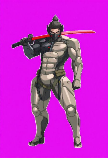 masterpiece, best quality, solo, 1boy, looking at viewer, <lora:Dengeki_Bunko-illus_Fp:1>, full body, pixel art, simple background,  <lora:JetstreamSam_illusXL_Incrs_v1:0.9>, JetstreamSam, brown eyes, cyborg, bodysuit, headgear, mask, covered mouth, holding sword, red sword, muscular, male focus,