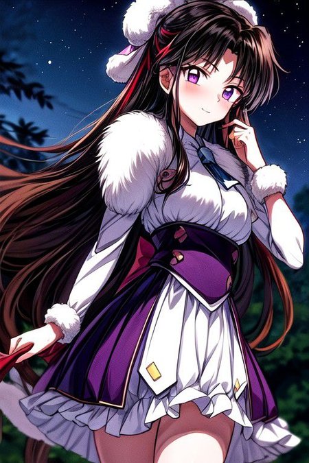 masterpiece,  best quality 1girl Setsun4 solo long hair,  (night time) forest background black hair very long hair purple eyes multicolored hair armor (fur trim) (medium body),<lora:EMS-179-EMS:0.800000>,<lora:EMS-293862-EMS:0.800000> bow, hair_bow, hair_tubes, red_bow, brown_hair, long_hair, bangs, ascot, frilled_bow, yellow_ascot, blush, smile, hair_between_eyes, athletic