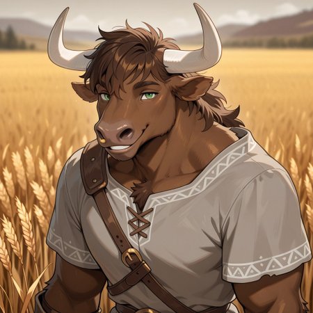 masterpiece, best quality, amazing quality, very aesthetic, solo, upper body,
minotaur, furry,
1boy, male focus, green eyes, brown skin, dark brown hair, white horns,  gray tunic,
(looking at viewer:1.2), smiling,
wheat field, fantasy background, blurred background,