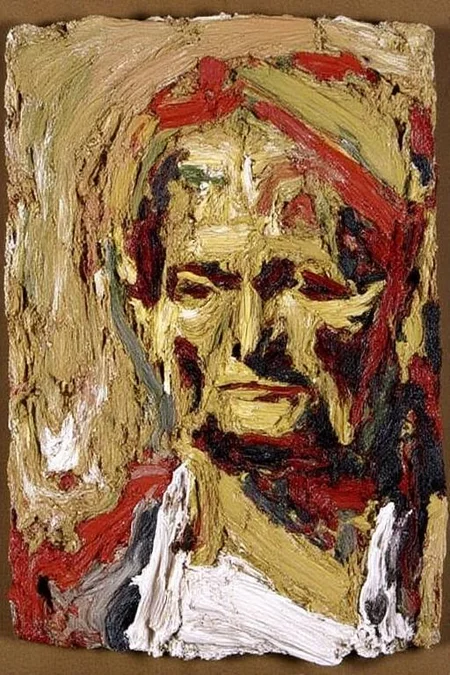 fraauer1 abstract painting. An abstract expressionist painting on canvas. The artwork features a textured, expressive portrait of a woman's face rendered in a chaotic, impasto technique. The canvas is dominated by thick, rough brushstrokes in various shades of earthy tones including red, yellow, green, and white, giving the painting a rugged, tactile appearance. The woman's face is depicted in a rough, almost sculptural manner, with heavy, swirling strokes that create a sense of depth and emotion. <lora:fraauer1_cap_d6a3:1.0><lora:811766828025188769:0>