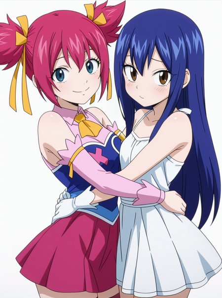masterpiece, best quality, amazing quality, very aesthetic, absurdres, newest, anime screenshot,  anime screenshot,   simple background,  white background,  looking at viewer, 2girls side-by-side, hug from side,
BREAK <lora:SherriaBlendyIllust:0.8>sherriablendyillust, twintails, 1girl, ribbon, blue eyes, hair ribbon, pink hair, short twintails, skirt, thighhighs, yellow ribbon detached sleeves,  white gloves,  smile 
BREAK wendy marvell,  white_dress