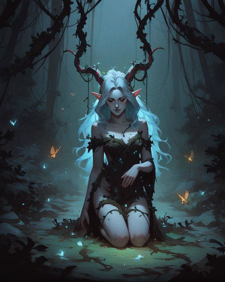 score_9, score_8_up, score_7_up, score_6_up,  Strange grey skin woman entangled in vines, kneeling, long hair, fur, pointed ears, horns, 1girl, wooden, grey lips, dense forest, fireflies, particles, vines, vignette, texture, leaves, bush, soft blue glow, low key lighting, night, dark, shadowed, dense atmosphere, moody, (flat chest:0.6), <lora:Concept Art Twilight Style SDXL_LoRA_Pony Diffusion V6 XL:0.8>  <lora:pale_demon:.85>