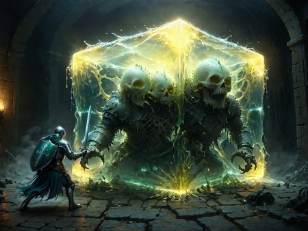 <lora:add-detail-xl:1.0> <lora:more_artful-xl:0.6> <lora:gelatinous_cube-xl-by_squeej:0.8> <lora:boss_battle-xl-by_hailoknight:0.8> <lora:style-matte_black_contrast-xl-v3-by_tijuanaslumlord:1.0> <lora:envybetterhiresfixxl01-xl:0.0:hr=1.0> vntblk, bosstyle, (knight:0.8) fighting a (huge glowing gelatinouscube:1.2), size difference, dungeon background, bones scattered on the floor, translucent, subsurface scattering, creeping fog, dark, ultra detailed