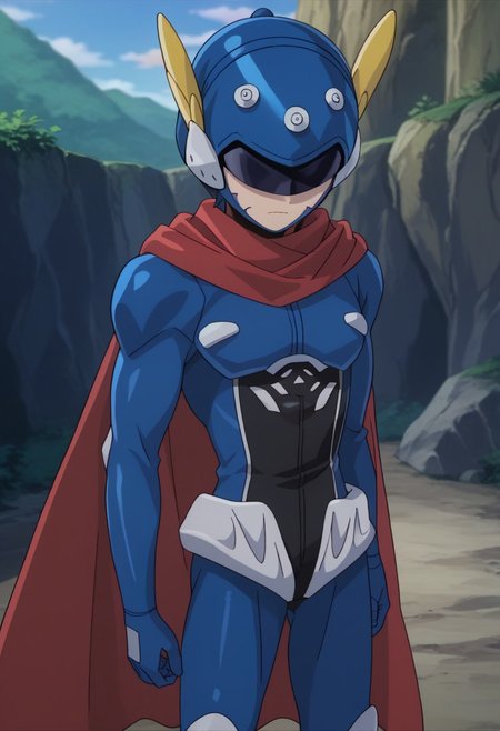 score_9, score_7_up, source_anime
miwahiro,1boy, male focus, solo, helmet, blue headwear, armor, bodysuit, blue bodysuit, cape, red cape,
outdoor,