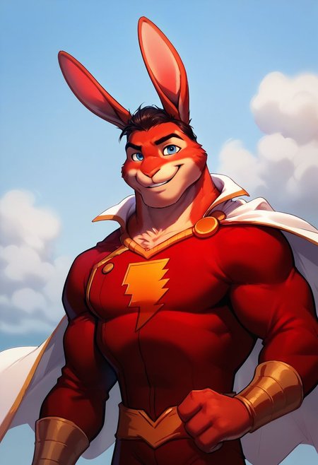 score_9, score_8, score_7, score_6, high quality, 1boy, solo, Shazam, anthro, furry, rabbit, blue eyes, red suit, white cape, hero suit, looking at viewer, smile,