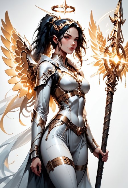 score_9, score_8_up, score_7_up, (Western Comics), a full body image of a sexy mechangel girl, caucasian, seductive, (glowing wings), solo, glowing armor, glowing halo, glowing mechanical 4 wings (hyperdetailed:1.15), detailed, light passing through hair, (ultra detailed, high quality texture), (sharp), (artistic image), 32K, 4K, ULTRA HD, small waist, large breasts, tight white bodysuit with, crop: -5, (3/4 portrait), wide view, ((her whole head and hair is visible)), zoomed out, (wings completely visible), (from thighs and up), wings folded along her body, cowboy shot, angelify, (monochrome background), (nothing in background), plain background, Long black hair in long ponytail, wings fully visible, Staff, holding mage staff with glowing orb with both hands