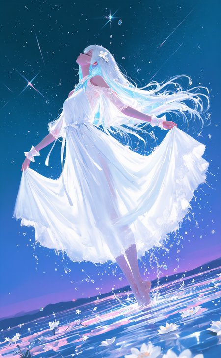 masterpiece, best quality, amazing quality, 1girl, solo, long hair, hair ornament, dress, ribbon, bare shoulders, very long hair, standing, blue hair, full body, closed eyes, white hair, flower, multicolored hair, sky, sleeveless, barefoot, hair flower, white dress, water, see-through, wrist cuffs, clothing cutout, sleeveless dress, sparkle, dutch angle, profile, floating hair, night, white flower, outstretched arms, star \(sky\), night sky, starry sky, water drop, skirt hold, spread arms, shoulder cutout, tiptoes, splashing, diffraction spikes, standing on liquid, facing up
wlop, nhl-001, limited palette, realistic <lora:noobai_ep11_stabilizer_v0.138_fp16:0.3> <lora:NOOB_vp1_detailer_by_volnovik_v1:0.3> <lora:nhl-002-nai:0.7> <lora:nhl-001-20:0.8> <lora:XXX667:0.6>