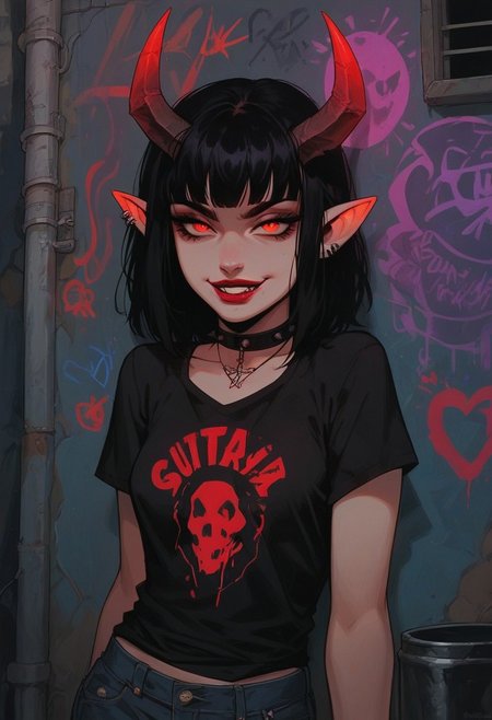 score_9, score_8_up, score_7_up, score_6_up, aesthetic ,  punk, demon, horns,  outdoors, alley, night, garbage can, graffiti, t-shirt, jeans. teasing expression, playful, smug face,  nipple peek, big eyes, solo,  dutch angle,  g0thicPXL,  (big lips:0.6), (close up:1.2), portrait, small breasts, lipstick