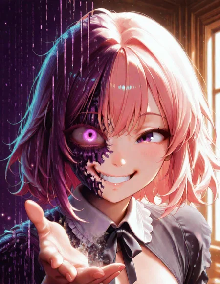 (masterwork, masterpiece, best quality, hyper-detailed, 8k uhd:1.4) , anime screencap,<lora:CivChan:1> civchan, 1girl, solo,  grin, purple eyes, pink hair,
BREAK;
<lora:Matrix_Style:1.5> om0atrix0, (((glitch))), purple theme, wide eye, glowing eye, messy hair, twisted smile, teeth clenched, hand reaching viewer,   teeth, digital, pixels, torn clothes, insane, code, dissolving, particles, <lora:PC-98_Style_Illustrious:1> pc98, || pixel art, 
BREAK;
happy, sweet,