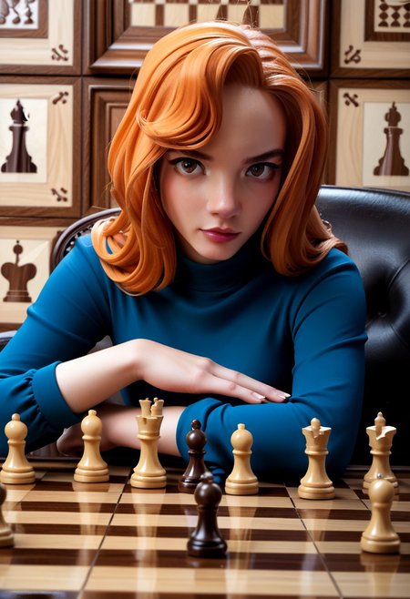 Hyper realistic detailed scene. 
score 9, score 8, score 7, score 6, 
xb0xc0ver, xbox360 video game cover of bethh, focused, orange hair, sparkling blue dress, on a giant chessboard, pieces, black and white chess pieces