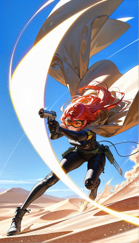 masterpiece, best quality, amazing quality, very aesthetic, absurdres,  newest, scenery,  1girl, solo, action shot, aiming, holding gun, goggles, cloak, motion-blur, desert, sand dust, trajectory, maneuver, oil film, film grain, very aesthetic, ultra high res, absurdres,  masterpiece, best quality, amazing quality, very aesthetic, absurdres,  newest, scenery, volumetric lighting
