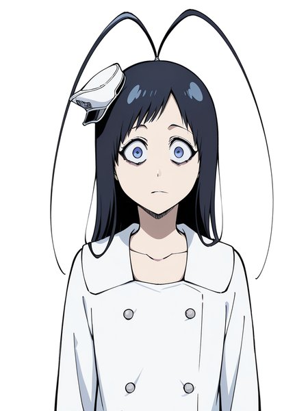 score_9, score_8_up, score_7_up,  
1boy, androgynous, giselle gewelle, blue eyes, black hair, long hiar, antenna hair,

mini hat,
military uniform, white dress, long sleeves, collarbone, short dress, double breasted, 

upper body, white background, wide-eyed, expressionless, bags under eyes, looking at viewer, 


