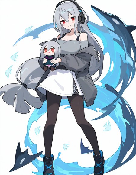 1girl, skadi \(arknights\), 
worldflipper, solo, looking at viewer, full body, shoes, pantyhose, white background, black pantyhose, jacket, blush, long hair, grey hair, breasts, standing, long sleeves, miniskirt, grey jacket, large breasts, simple background, red eyes, off shoulder, alternate costume, blush stickers, white skirt, character doll, skirt, smile, bare shoulders, shirt, very long hair, alternate hairstyle, closed mouth, holding, headphones, off-shoulder shirt, black footwear,
masterpiece, best quality, very aesthetic, newest, absurdres, incredibly absurdres
 <lora:worldflipper-000016:1.1>