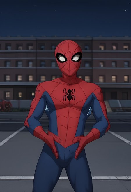 score_9, score_8_up, score_7_up, score_6_up, masterpiece, best quality,   zPDXL3, zPDXLxxx,   <lora:Peter_Parker:1> score_9, score_8_up, score_7_up, spiderman, solo, 1boy, male focus, outdoors, bodysuit, mask, night,  building, superhero, red bodysuit, gloves,spider web print, looking at viewer,crotch chop,bulge in his crotch,