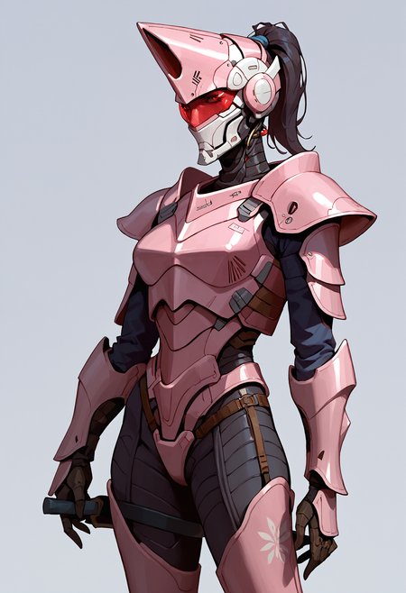 score_9, score_8_up, score_7_up, score_6_up, score_5_up, score_4_up, mature female, skinny, tall slim robot, armor, helmet, holding weapon, pink color armor, ponytail,
 <lora:ArmorPunkV3-000002:1>, arm0rpunk