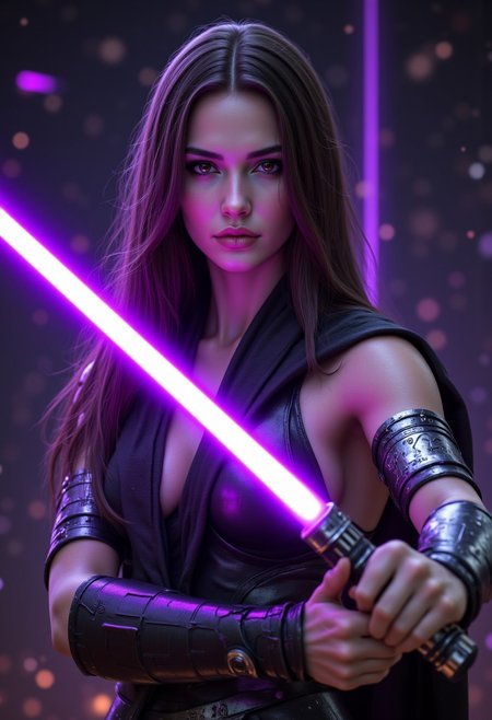 realistic, PHOTOREALISTIC, ((perfect anatomy)), (futuristic warrior with purple lightsaber:1.3), ((sexy dynamic pose:1.3)), 25 years old, perfect quality, high quality, wielding a purple lightsaber, (sci-fi, star wars, jedi knight), Jaina solo, big brown eyes, dark brown hair, long straight intricate hair, athletic female, ((fitness models, muscle detail, detailed muscle)), long athletic muscular legs, athletic round muscular butt, athletic hips, perfect breasts, perfect body, epic, long hair, intricate hairstyle, cute, cropped body, soft skin, soft skin, textured skin ,shining glossy skin, soft abs, athletic waist, (slender body), dynamic angle, dynamic, dynamic shot, sci-fi, futuristic, ((intricate transparent flowing sheer jedi robes showing sexy body underneath:1.2, armor parts on body:1.2, marble armor:1.2, greave, boots)), glowing runic tattoos on body:1.3, Expressiveh, (volumetric lighting:1.2), cinematic, cinematic lighting, reflections, ultra hd, visual effects, graphic effects, ambient occlusion, raytracing, soft lighting, realistic, blum effect, masterpiece, absolutely eye-catching, particles, glow, shining, intricate cinematic background, (beautiful cute face), relaxing, undressing by fire pit after battle,  close up, glad the viewer is safe, aidmaMJ6.1, aidmaimageupgrader, aidmaHyperrealism, aidmafluxpro1.1, Perfect hand, Detailed hand