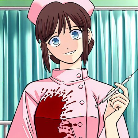 masterpiece, best quality, hospital room, blood splatters, blood smears, holding, holding needle, injection needle, looking at viewer,  head tilt, <lora:Tsukihime NXL:1>1girl,shirakawa_miho,blue eyes,brown hair,single hair bun,medium breasts,nurse,holding clipboard, nurse_cap ,scary smile, glassy eyed smile, cheerful smile, bubbly pose, <lora:shirakawa_miho-illus:0.9>,solo