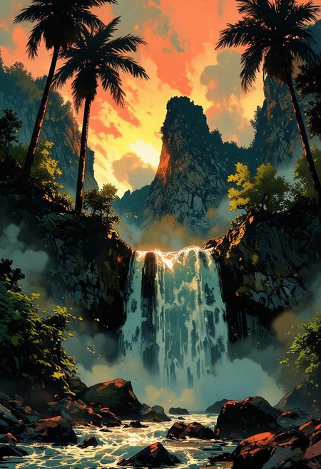 Mh1$AgThS2, intricate linework with expressive contrasts, soft lighting with dynamic highlights, a large waterfall in a tropical rainforest, tall trees with buttresses, rapidly flowing water, sunset