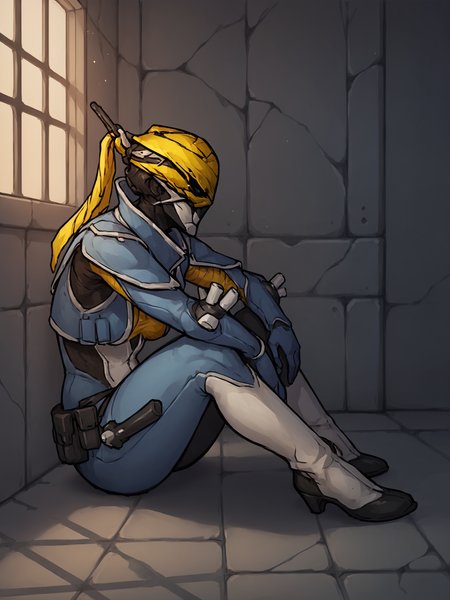 score_9, score_8_up, score_7_up, score_6_up, score_5_up, score_4_up, detailed background, inside, side view, jail, prison, window, stone wall BREAK
<lora:MesaWF_PDXL_r1:0.8> mesawf, blue body, yellow mask, looking aside, mouthless, sitting on ground, hand on knee