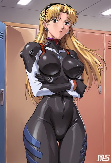Masterpiece, best quality, score_9, score_8_up, score_7_up, score_6_up, BREAK, beautiful detailed eyes, source_anime, full body shot, locker room, changing room, shy, covering self, 
1girl, solo, blonde hair, ((blonde)), slicked back hair, very long hair, brown eyes, white woman, no bangs, hair pulled back,
plugsuit, (black plugsuit:1.5), bodysuit, headgear, black bodysuit, cross earrings, silver earrings, black head band,
medium breasts, wide hips, slim stomach, bimbo, pbNaomi, neon_genesis_evangelion, JunkoMochida hairstyle, hair band,