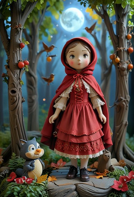 masterpiece, best quality, (curious red riding hood) young character, wearing a dark red hooded cape, lace-up bodice, long skirt with lace trim, leather shoes , bonnet, set in  a serene woods, with rustling leaves, dappled sunlight, a gentle breeze, birds singing, and a sense of peace, under the moonlight, at night, smiling