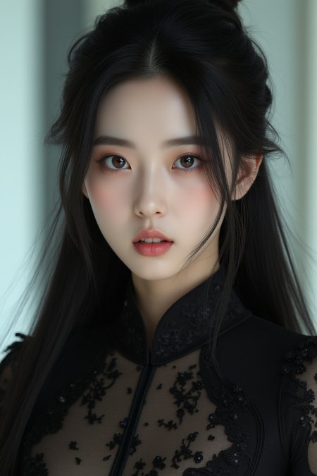 [1]Realistic photograph, close-up, upper body, face focus, long hair, dynamic angle, dynamic pose, A stunning real large breasts Chinese woman with long, flowing dark hair, her piercing gaze directly addressing the viewer. High Fashion, A highly detailed, realistic digital photo of a 28 years old woman with a pale complexion, emphasizing her enigmatic and mystical aura, high resolution, rich textures, and contemplative mood. Her eyes are a deep piercing, dynamic, dramatic, haute couture, elegant, ornate clothing, dark straight hair in an elegant updo with a few loose strands framing her face, wearing a high-collared garment with floral patterns in a dark, against a light gradient background, 