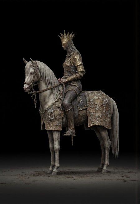 decayed non human Obscure medieval military armored rotting postulant horse without a rider
Standing on a flat ground
Set against a solid dark black color background to emphasize its unsettling unnatural form that emphasizes its silhouette. The medium is not a traditional painting or illustrative medium like watercolor or ink but rather a digital 3D rendering.
MikeFranchinastyle, bbstyle,, horror theme,, ZBClay model of a gray sculpture, zbrush, d4arks0uls, overcast lighting