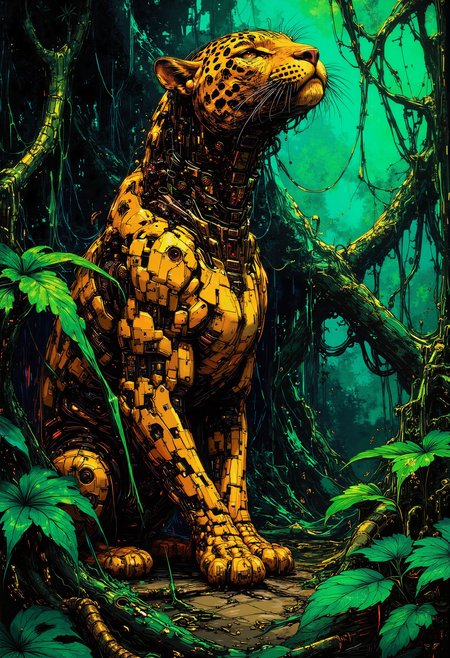 A fantastic bo-chromatic cyborg art splash in the style bo-cyborgsplash of, a leopard with  naturalistic appearance. The leopard is depicted in a lush, green environment, likely a jungle or forest, with its body facing slightly upwards and its eyes focused intently on something in the distance. The leopard's fur is a vibrant orange with black spots and rosettes, and it has a sleek, muscular build. The surrounding foliage is dense and varied, with large green leaves and branches creating a natural frame around the leopard. The lighting in the image is soft and diffused, with natural shadows that add depth and dimension to the scene. The leopard's posture and the way it is positioned in the frame suggest a sense of alertness and curiosity, as if it is intently observing its surroundings. The overall composition of the image is well-balanced, with the leopard taking up a significant portion of the frame and the surrounding foliage providing a lush, natural backdrop., colorful art cyberpunk splash, high quality, ultra detailed.<lora:boFLUX Chromatic Abyss.safetensors:1.0:1.0> <lora:boFLUX Cyborgsplash.safetensors:1.0:1.0>