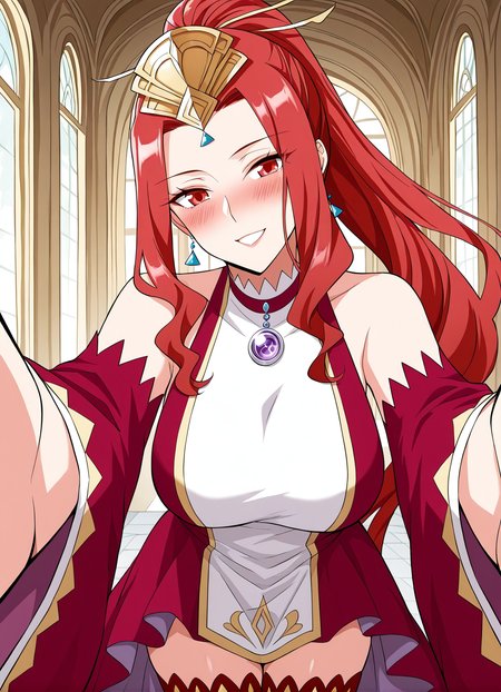 <lora:Cao_Ying__Battle_Through_the_Heavens__Illustrious:1>
1girl, solo, red eyes, sharp eyes, long hair, high ponytail, red hair, ahoge, hair ribbon, hair ornament, wavy hair, sidelocks, anime style, 
fantasy outfit, ornate dress, sleeveless dress, off shoulder, high collar, flared sleeves, asymmetrical skirt, short dress, wide sleeves, detached sleeves, red sleeves, red thighhighs, thigh boots, red boots, fantasy outfit, ornate dress, gemstone necklace, tiara,forehead jewel, earrings, elegant, royal, fantasy girl, 
score_9, score_8_up, score_7_up, score_6_up, source_anime, rating_explicit, 1girl, solo, smile, embarrassed, alcalose eyes, open mouth, mansion, indoors, looking at viewer, outstretched arms, pov, close-up, (head tilt:1.2)