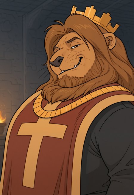 masterpiece,best quality,amazing quality, 1boy, solo, r1ch4rd, lion, richard's crown,  richard's necklace, richard's tabard, face focus, side angle, winking at viewer, smirk,