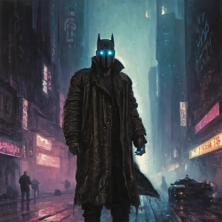 Painting of cyberpunk dark knight dystopian blade runner  AH_FLeighton <lora:Paintings_by_Frederic_Leighton_-_Victorian_painter_Academicism_Pre-Raphaelite_style_:1>