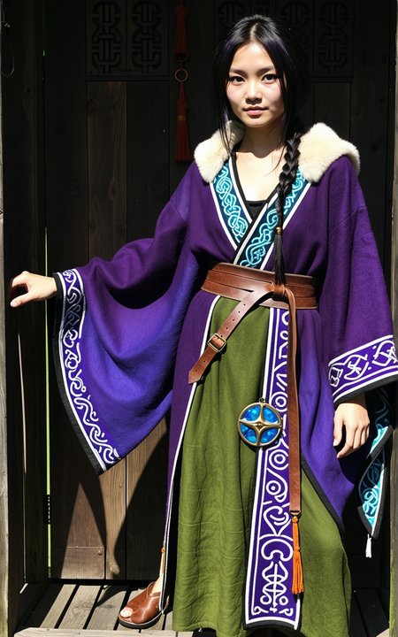 1girl,Chinese, yidu from the TV series Vikings, Dianne Doan, 20yo, small, beautiful face, cute, black hair, short hair, bob hairstyle, black eyes, slim, small breasts, A mystic seerâs robe in deep amethyst, moss green, and twilight silver, crafted from hand dyed wool with celestial inspired embroidery. The wide sleeves are lined with sheepskin for warmth, while a heavy bronze pendant hangs from the high collar. Paired with tasseled leather sandals and a handwoven sash.,