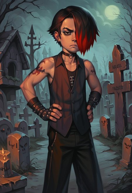 score_9_up, score_8_up, score_7_up, score_6_up, 1boy, solo, G0th_B0y, adult, face piercing, ear piercing, fingerless gloves, frown, short hair, black hair, red hair, multicolored hair, hair over one eye, black eyes, black pants, vest, arm tattoo, choker, bare shoulders, black footwear, standing, hands on hips, looking at viewer, outdoors, night, spooky graveyard, (realistic, painted art)