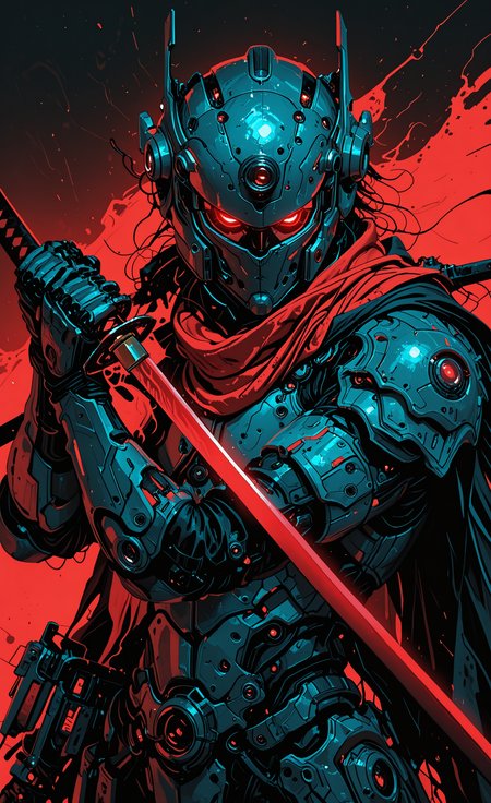 solo, 1boy, red eyes, holding, male focus, weapon, sword, holding weapon, scarf, cape, armor, glowing, holding sword, helmet, katana, glowing eyes, science fiction