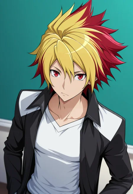 masterpiece, best quality, , (3d:0.4),, 1boy, solo, male focus, <lora:takuto_tsunashi_ilxl:0.98>, takuto_tsunashi, red hair, red eyes, spiked hair, bangs, multicolored hair, two-tone hair, dyed bangs, blonde hair,