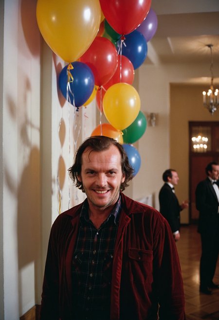 Shin1ng, Jack Torrance, man, creepy evil smile, ballroom, party, people, balloons, Overlook Hotel, indoors, (stylish grainy 35mm analog film photo)