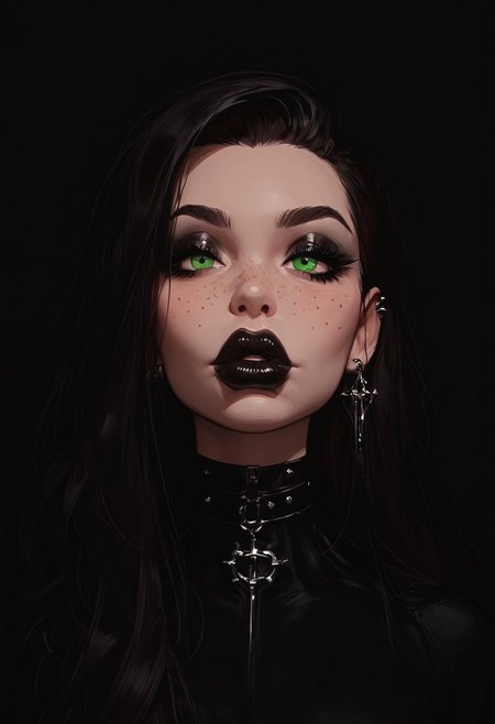 score_9, score_8_up, score_7_up, score_6_up, score_5_up, score_4_up, goth girl, gothic,  egirlmake up, choker, (beautiful face, cute face, 18 years old) Expressiveh, ASCII 1 girl, brown hair, green eyes, black latex outfit, medium breasts, upper body, photoshoot, 4k, big lips, choker, heavy make up, black lipstip, eyeliner, long hair, freckles