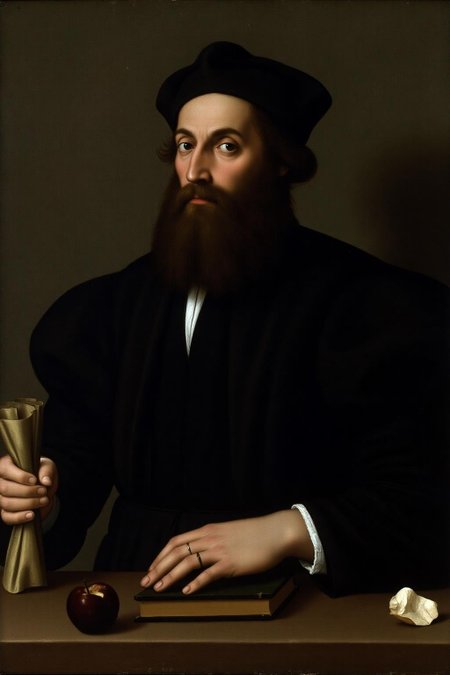 raphael1 painting.
A bearded man dressed in a dark garment with puffed shoulders. He is holding a rolled parchment in his left hand, and his right hand is resting on top of a book on a table. On the table, there is a small apple and a small piece of paper. <lora:raphael1_cap_d6a3:1.0><lora:843601585184696432:0>