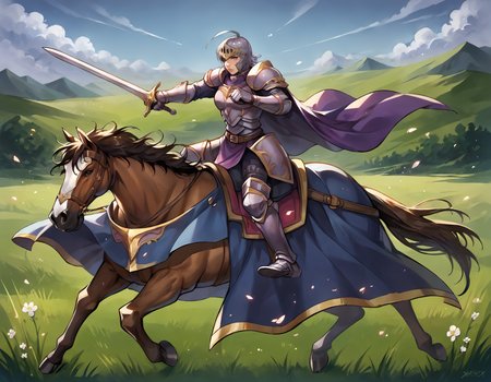 score_9,score_8_up,score_7_up,best quality,masterpiece,super detailed,extreme detailed,full_body,zPDXL BREAK (nature:1.1),(field:1.1),
<lora:Pony_DetailV2.0:1> BREAK 1girl,Cavalier,knight,armor,cape,gloves,helmet,horse,horseback riding,<lora:Cavalier:0.8>,holding sword,charging forward,fighting stance,