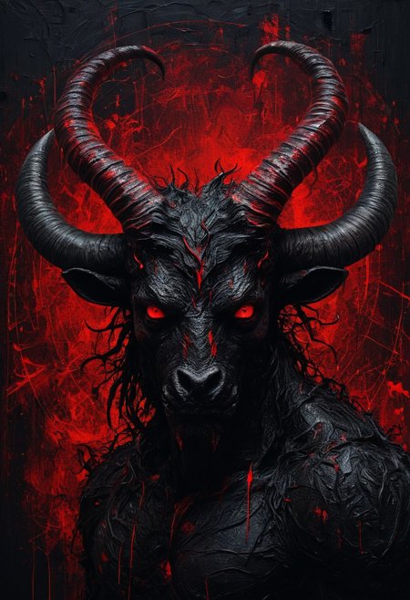 Abstract representation figure portraying a Devilish entity with big horns, big red eyes, black skin with high detail looking straight at the camera, the background is abstract and messy and the entity is really vivid and is staring right at you, every part of the image has high detail and the illumination is really bad. High use of the colors black and red in different tones. There are hidden messages in the image. Ugly, Gloomy, Weird, Abstract, Moody.
